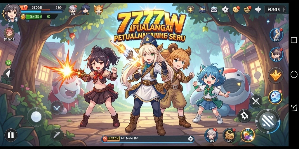 Tampilan seru gameplay 7777W dengan aksi karakter anime.