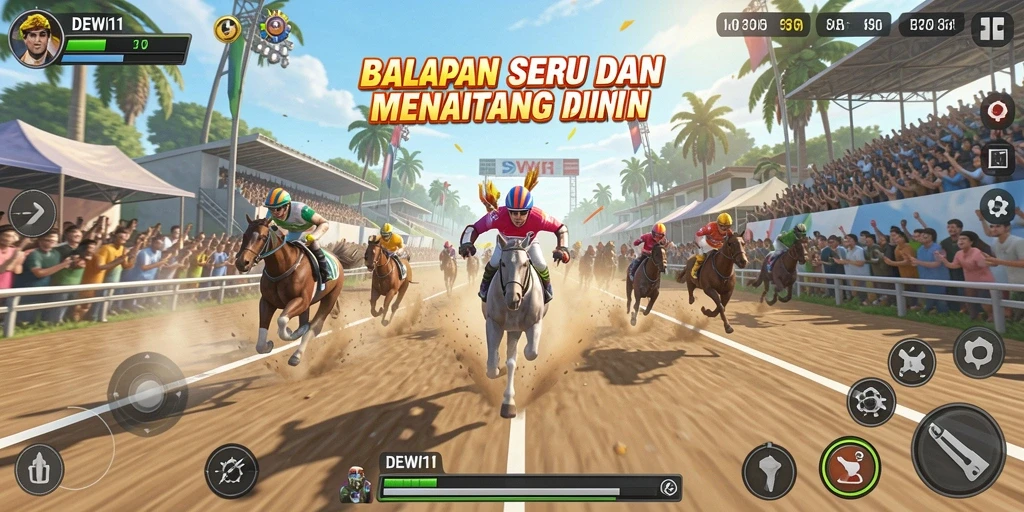 Screenshot utama DEWI11 menampilkan aksi balapan yang mendebarkan.