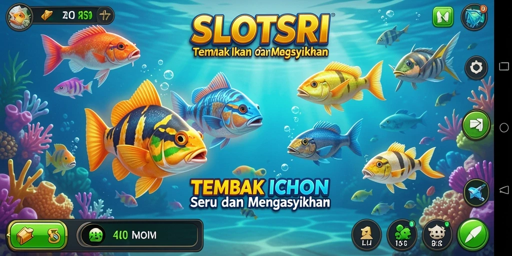 Screenshot gameplay SLOTSRI menampilkan aksi menembak ikan yang seru.