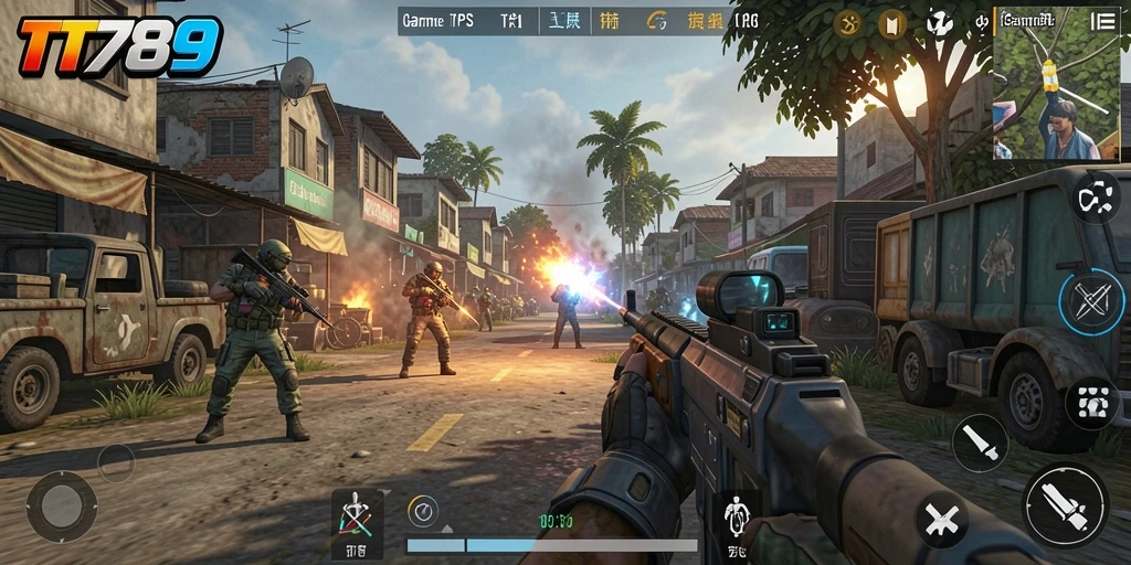 Screenshot utama TT789 menampilkan aksi menembak yang seru di arena.