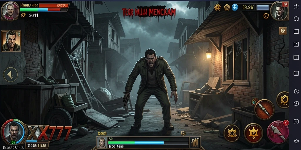 Screenshot dari gameplay XXX777 menampilkan momen mencekam dengan makhluk menyeramkan.
